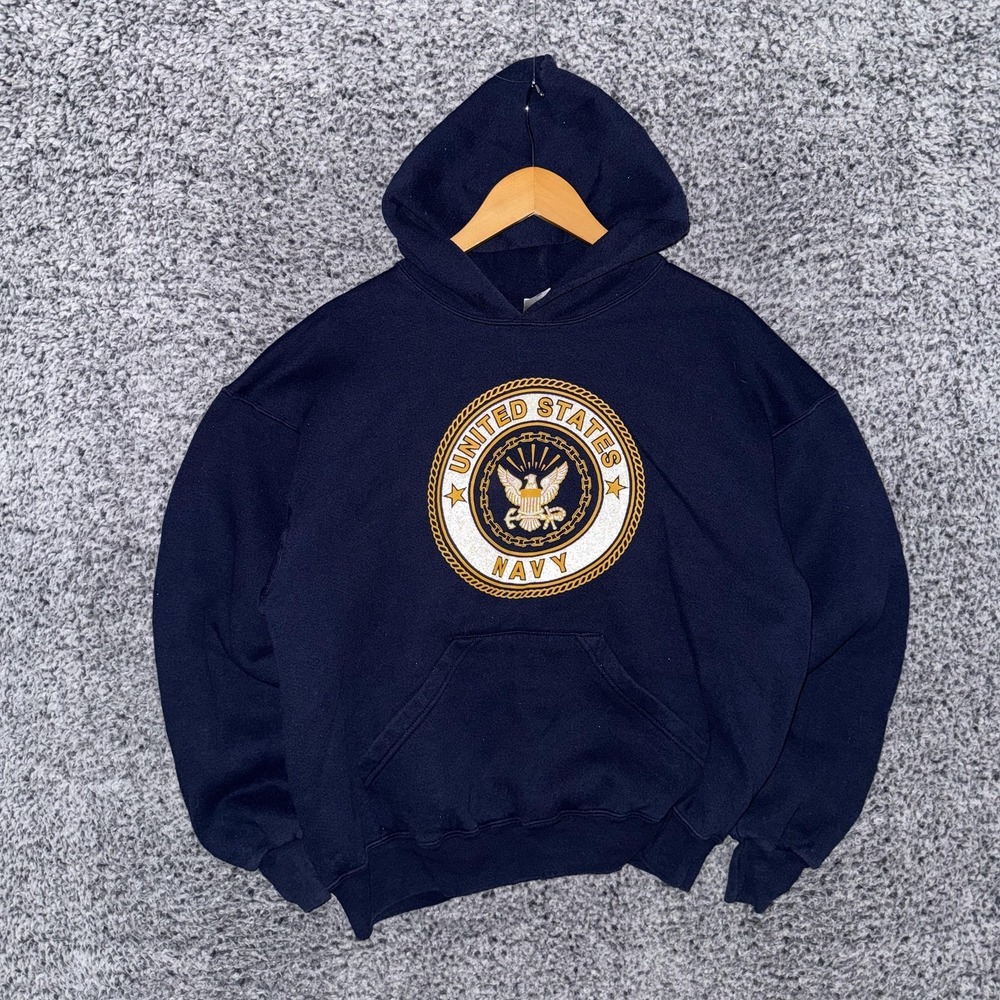 VTG United States Navy Hoodie Mens Large Blue Reflective Sweatshirt Soffe USA